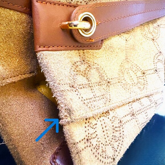 Henri Bendel Large Metallic Pierced Suede Shoulder Bag Carmel Leather EUC - Picture 12 of 12